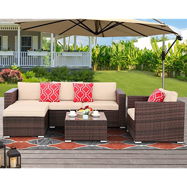 Furnivilla 5 Pieces Outdoor Conversation Set Patio Furniture with PE Wicker Rattan Patio Set with Ottoman and Side Coffee Table All Weather for Backyard Porch Garden Poolside Balcony Cornflower Blue