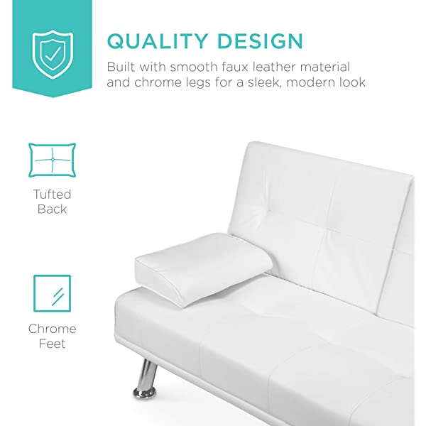 Best Choice Products Faux Leather Upholstered Modern Convertible Folding Futon Sofa Bed for Compact Living Space, Apartment, Dorm, Bonus Room w/Removable Armrests, Metal Legs, 2 Cupholders - Black