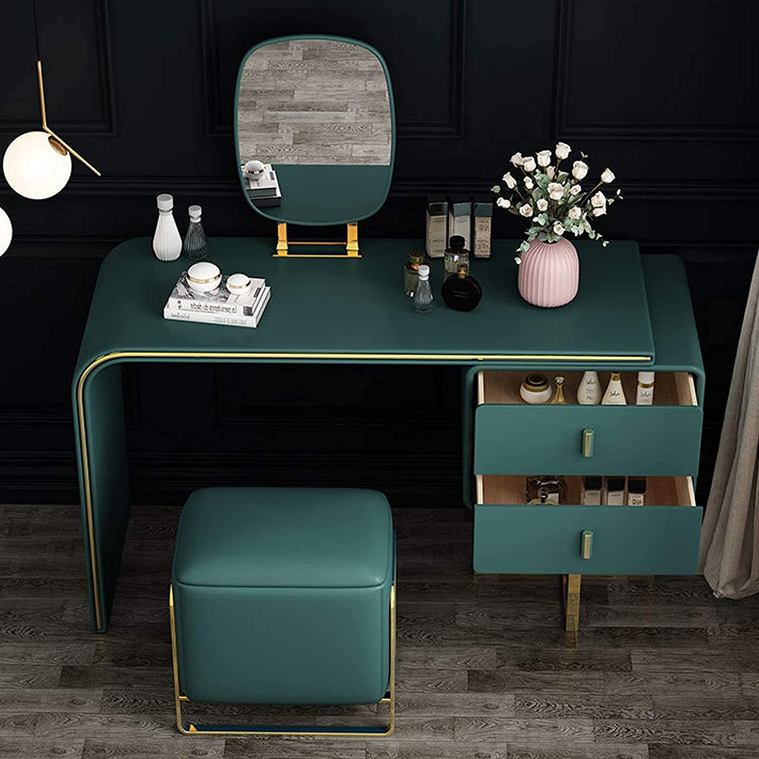 FUKAYI Modern Vanity Set with Lighted Mirror, Makeup Dressing Table with 2 Large Drawer and PU Stool, Dresser Table for Women