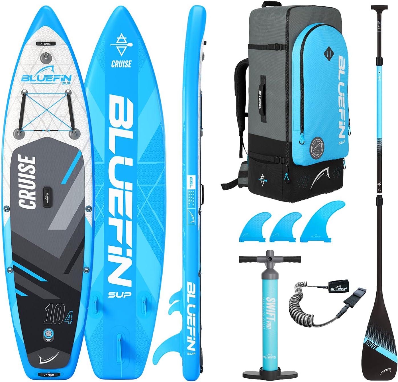 Bluefin Cruise SUP Inflatable Stand Up Paddle Board | Premium Paddleboard Accessories | Multiple sizes: Kids, 9'8, 10'4, 10’8, 12’, 15'
