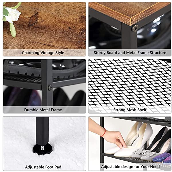 Dulcii Shoe Rack, 4 Tiers Height Adjustable Shoe Organizer Industrial Shoe Cabinet Storage with Retro Wooden Panel/Metal Mesh Shelves for Entryway, Living Room, Hallway, Bathroom, 30×12×28.3 Inch
