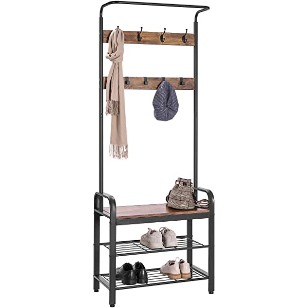 VIVOHOME 3-in-1 Entryway Hall Tree, Heavy Duty MDF Stand Coat Rack with Storage Bench, Industrial Wood Furniture with Stable Metal Frame, 8 Hooks Rustic Brown