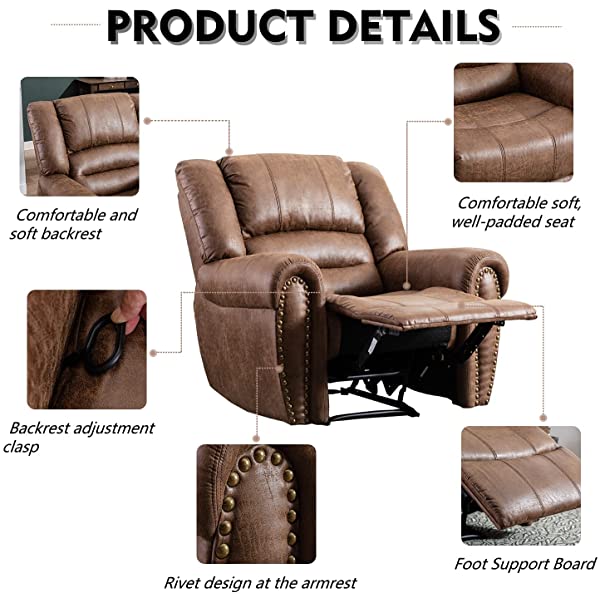 CANMOV Leather Recliner Chair, Classic and Traditional Manual Recliner Chair with Comfortable Arms and Back Single Sofa for Living Room, Nut Brown