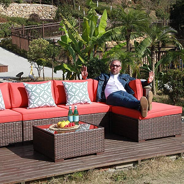 OC Orange-Casual 6-Piece Outdoor Patio Sectional Sofa Set Brown Wicker Furniture Set with Turquoise Seat Cushions & Tempered Glass Coffee Table