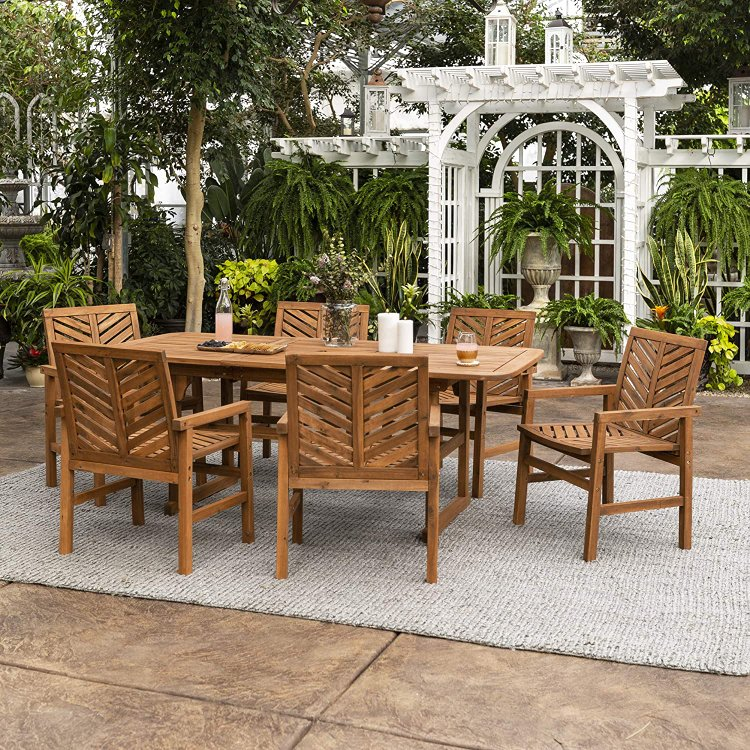 6 PERSON OUTDOOR WOODEN V-SHAPED PATIO FURNITURE DINING TABLE SET EXTENDABLE TABLE AND CHAIRS ALL WEATHER CONVERSATION GARDEN POOL SIDE BALCONY, 7 PIECES