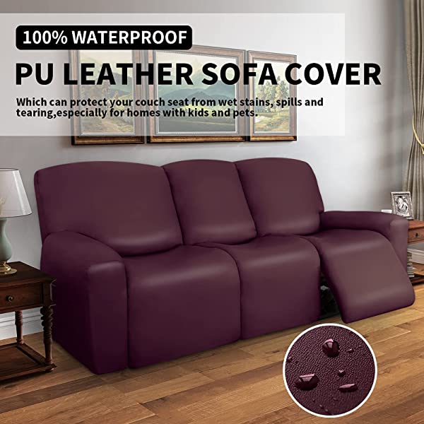 Easy-Going PU Leather Recliner Sofa Slipcovers, Waterproof Stretch Sofa Covers, 8 Pieces Stretch Furniture Protector, Elastic Strap Shield Pets Kids Children Cats Dogs Beige