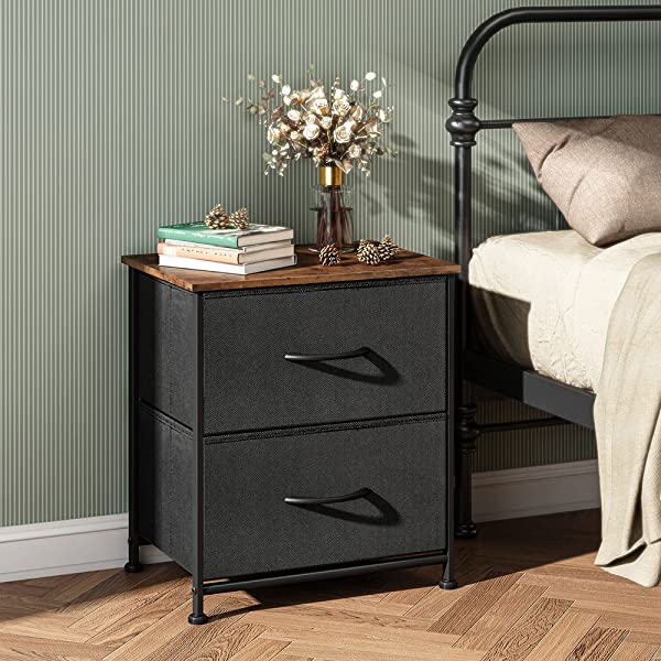 WLIVE Nightstand with 2 Fabric Drawers, Bedside Furniture & End Table Dresser for Bedroom, Living Room, Steel Frame, Wood Top, Easy Pull Handle Charcoal Gray