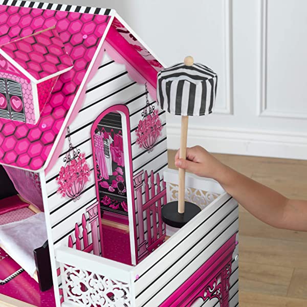 Wooden Dollhouse with Elevator, Balcony and 15-Piece Accessories, Pink, Gift for Ages 3+