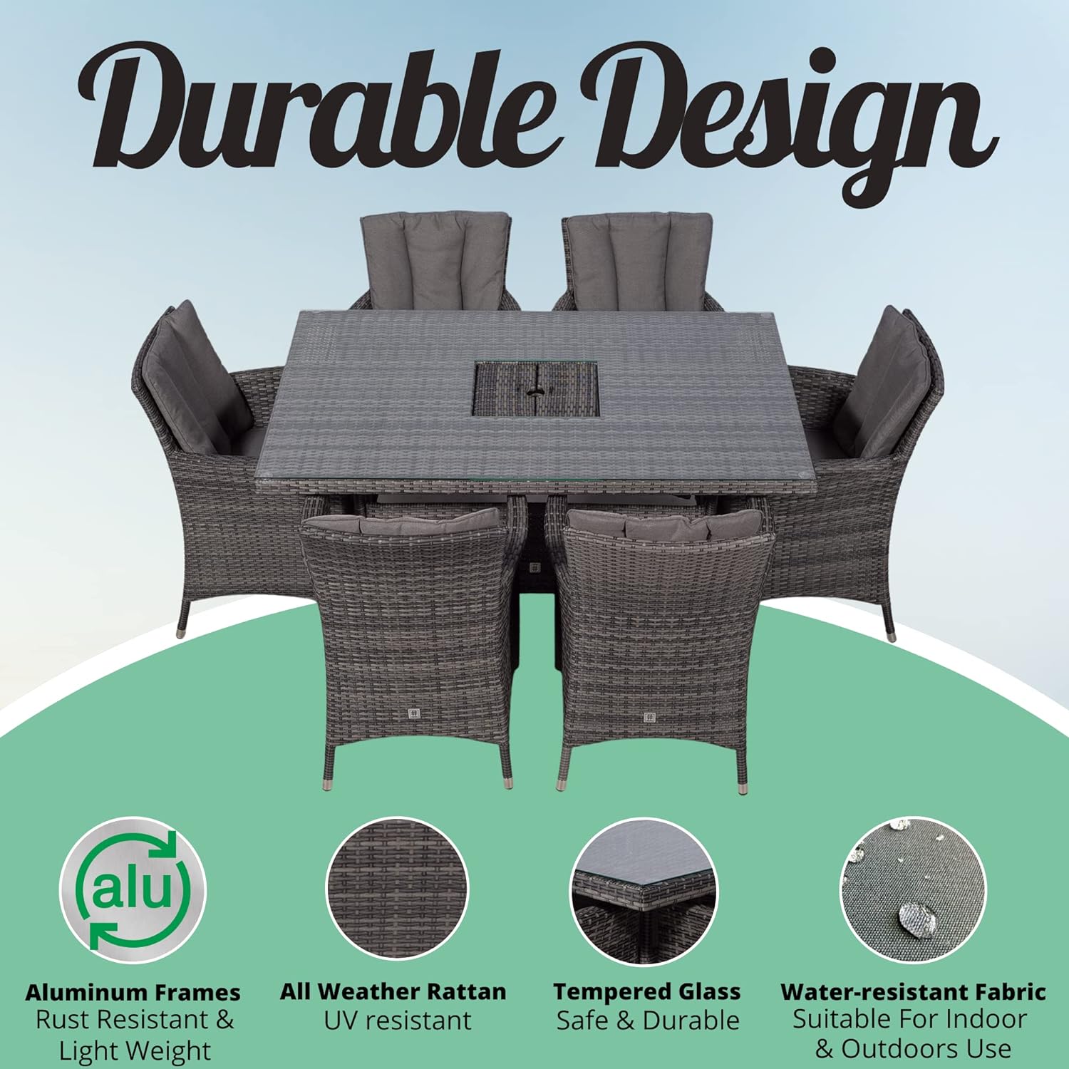 Savannah Rattan Dining Set | Rectangle 6 Seater Brown Rattan Table & Chairs Set with Ice Bucket Drinks Cooler | Outdoor Poly Rattan Garden Dining Furniture Set with Parasol & Cover