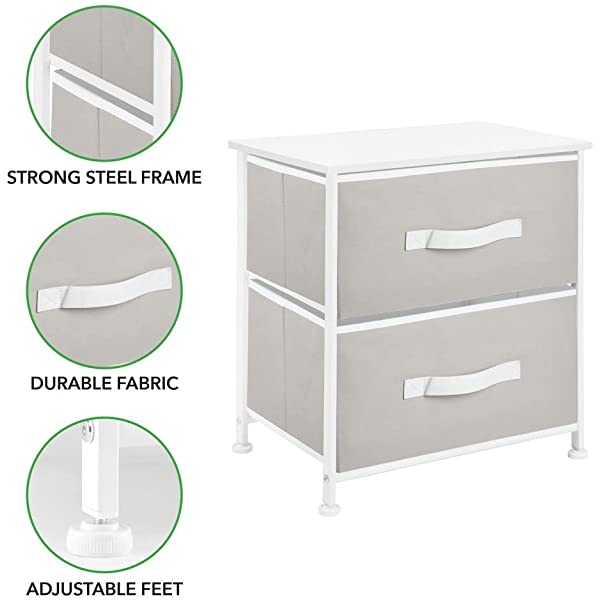 mDesign Storage Dresser End/Side Table Night Stand Furniture Unit - Small Standing Organizer for Bedroom, Office, Living Room, and Closet - 2 Drawer Removable Fabric Bins - Gray/White Grey