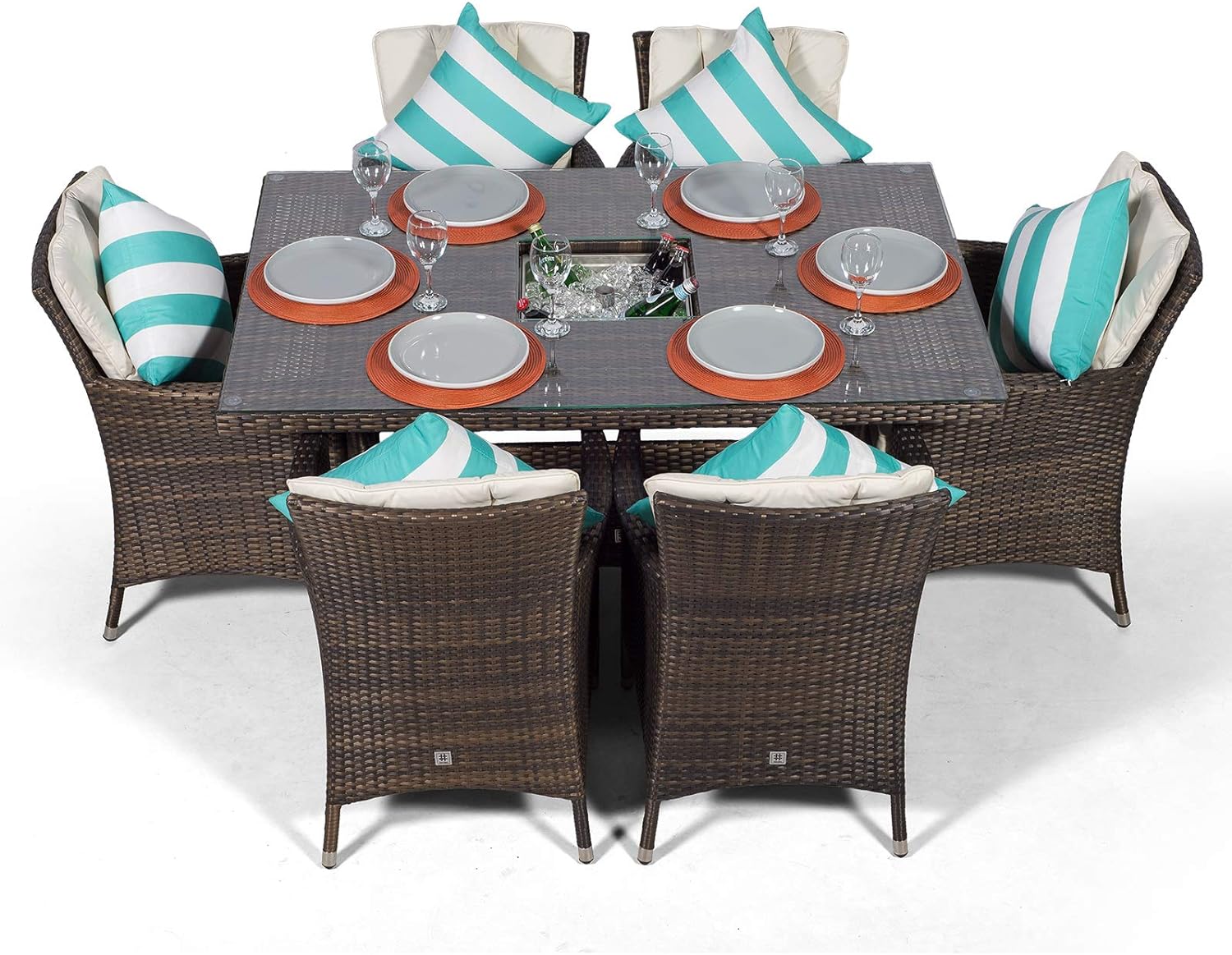Savannah Rattan Dining Set | Rectangle 6 Seater Brown Rattan Table & Chairs Set with Ice Bucket Drinks Cooler | Outdoor Poly Rattan Garden Dining Furniture Set with Parasol & Cover