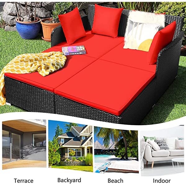 Salches Outdoor Rattan Daybed, Patio Loveseat Sofa Set w/Comfortable Cushions, Extra Pillows & Metal Foot, Sunbed Wicker Furniture for Yard/Poolside/Living Room/Garden/Porch (Red)