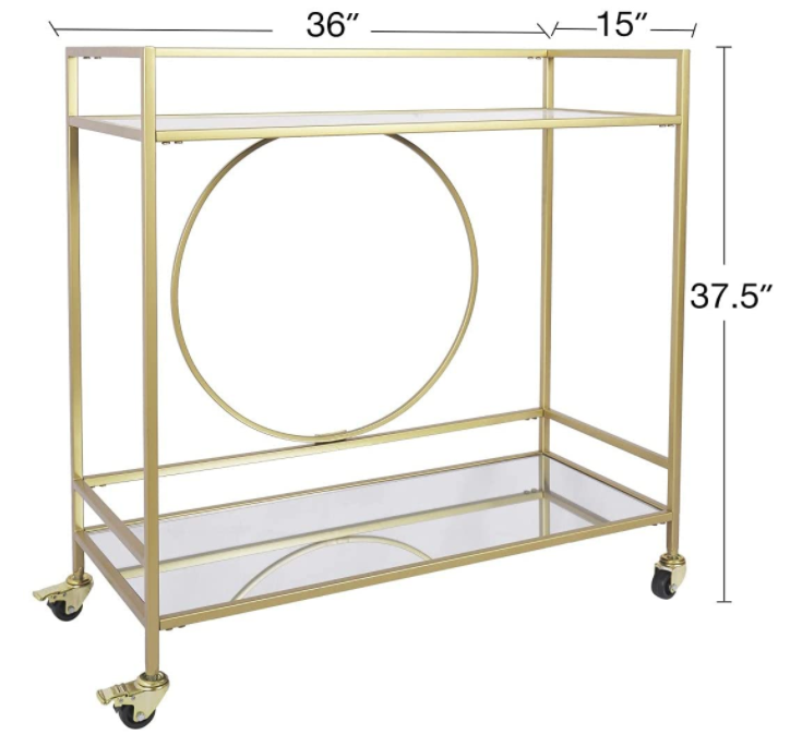 Large Gold Rolling Bar Cart with 2 Mirrored Shelves, Wine Drink Trolley Cart with Lockable Wheels, Suitable for Kitchen, Club, Living Room, 36