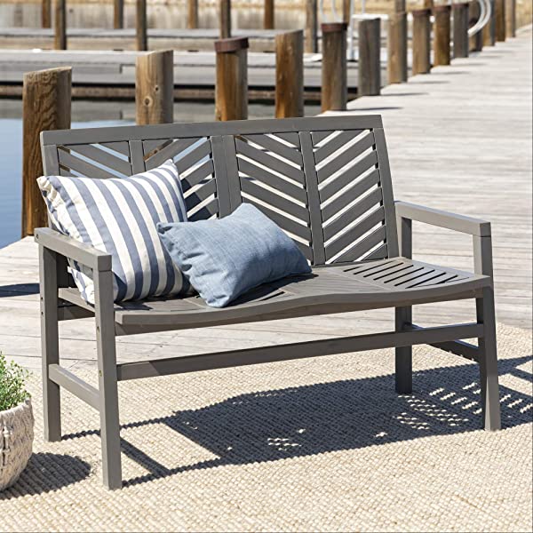 Walker Edison 5 Person Outdoor Wood Chevron Patio Furniture Dining Set Table Chairs Bench All Weather Backyard Conversation Garden Poolside Balcony, 4 Piece, Brown Brown 4 Piece Dining Set