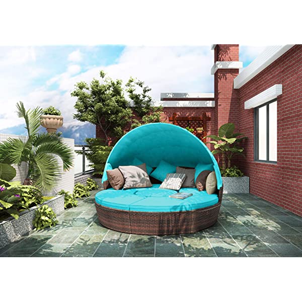 Merax All-Weather Outdoor Sectional Sofa Conversation Set Rattan Daybed Sunbed with Retractable Canopy, Separate Seating and Removable Blue Cushions Brown+blue