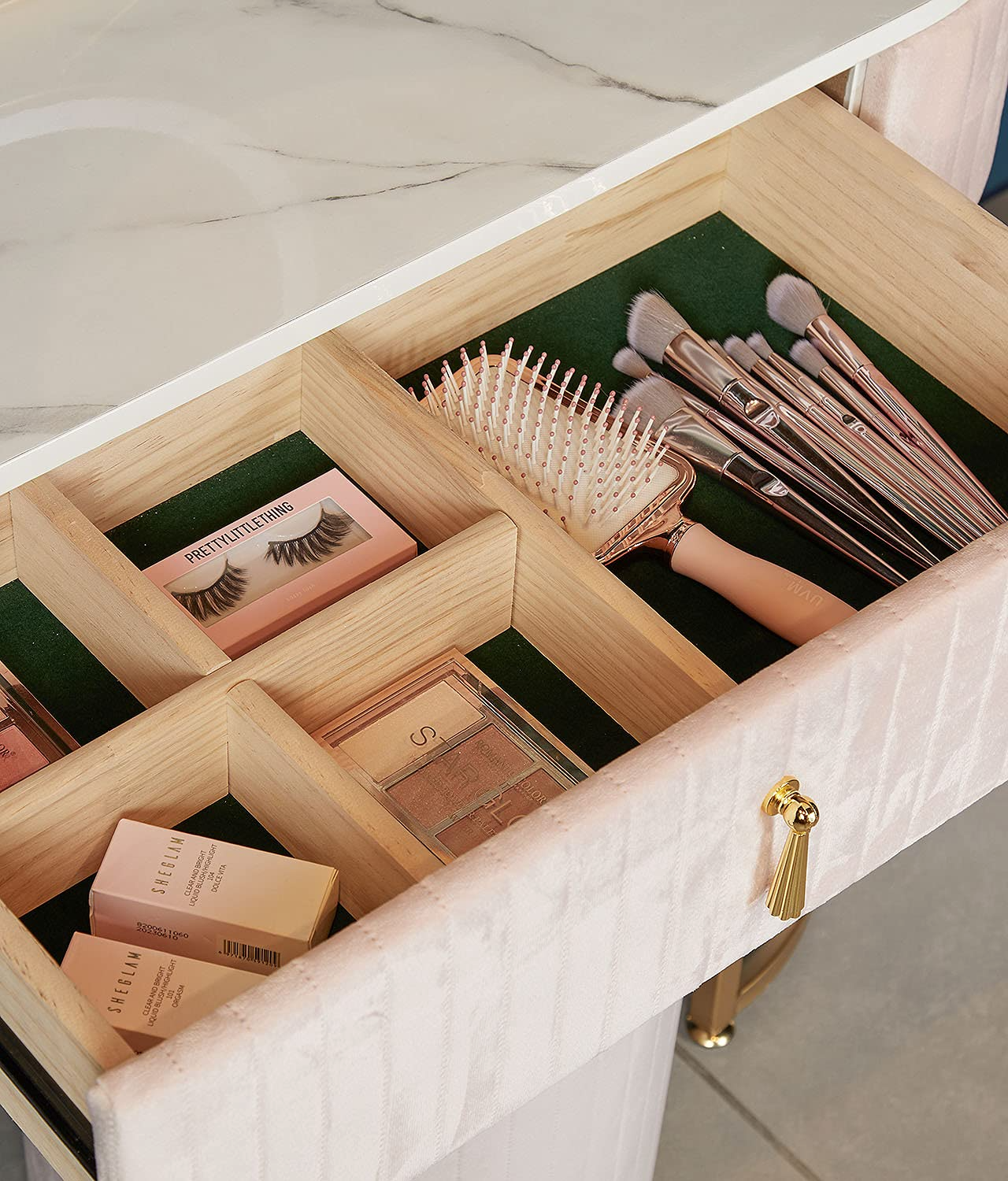 【Furniture】Velvet Dressing Table with LED Light Mirror Touch Sensor 1 Drawer Stool Set Bedroom Modern Dresser