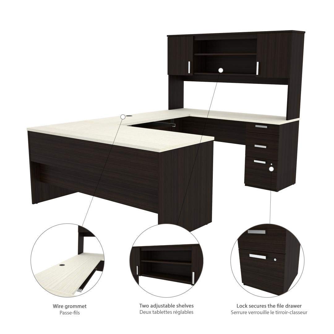 【Furniture】Bestar Ridgeley U-Shaped Executive Desk with Pedestal and Hutch, 65W, White Chocolate