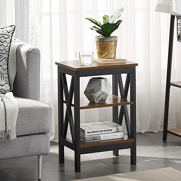 VECELO Modern Versatile Nightstands X-Design Side End Table Night Stand Storage Shelf with Bin Drawer for Living Room Bedroom, Brown+Black Brown+black Modern