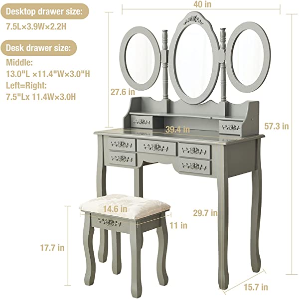 Vanity Table Set with Tri-Folding Mirror Makeup Dressing Table with Cushioned Stool & 7 Drawers and a Shelf, Makeup Dressing for Women, Girls, Bedroom (Grey)