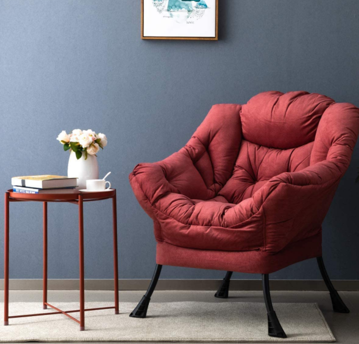 AbocoFur Modern Cotton Fabric Lazy Chair, Accent Contemporary Lounge Chair, Single Steel Frame Leisure Sofa Chair with Armrests and A Side Pocket, Thick Padded Back, Brown