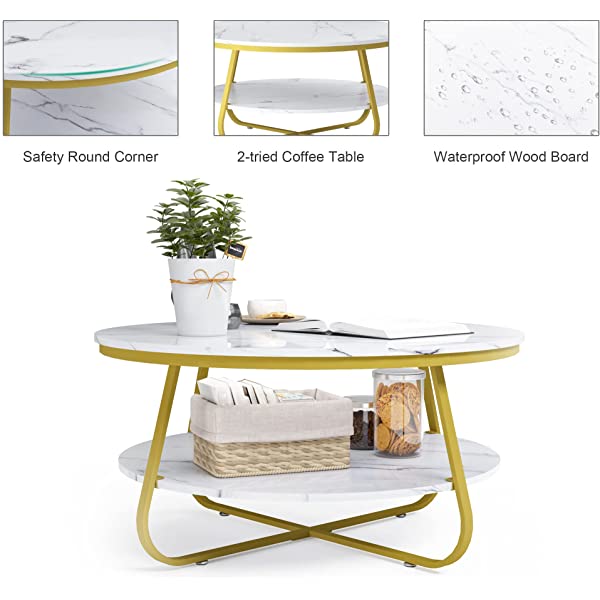 Elephance Round Coffee Table with Storage, 35.8 Inch Rustic Wood Coffee Table with Strong Metal Frame for Living Room, Dining Room, Cocktail Table, Round Sofa Table (Almond)