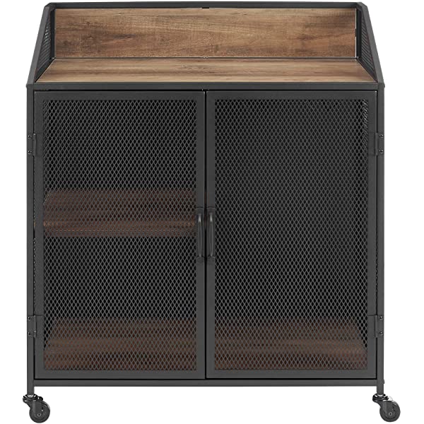 Walker Edison Malcomb Urban Industrial Metal Mesh Double Door Rolling Bar Cabinet, 33 Inch, Rustic Oak Rustic Oak 33 Inch