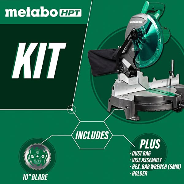 Metabo HPT 10-Inch Compound Miter Saw, Single Bevel, 15-Amp Motor, 0-52° Miter Angle Range, 0-45° Bevel Range, Large Table, 10