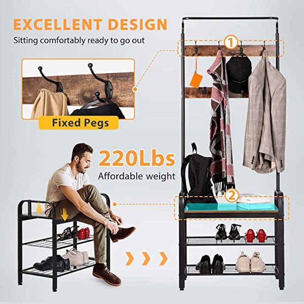 VIVOHOME 3-in-1 Entryway Hall Tree, Heavy Duty MDF Stand Coat Rack with Storage Bench, Industrial Wood Furniture with Stable Metal Frame, 8 Hooks Rustic Brown