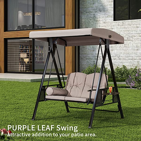 PURPLE LEAF 3-Seat Deluxe Outdoor Patio Porch Swing with Weather Resistant Steel Frame, Adjustable Tilt Canopy, Cushions and Pillow Included, Beige 74.4