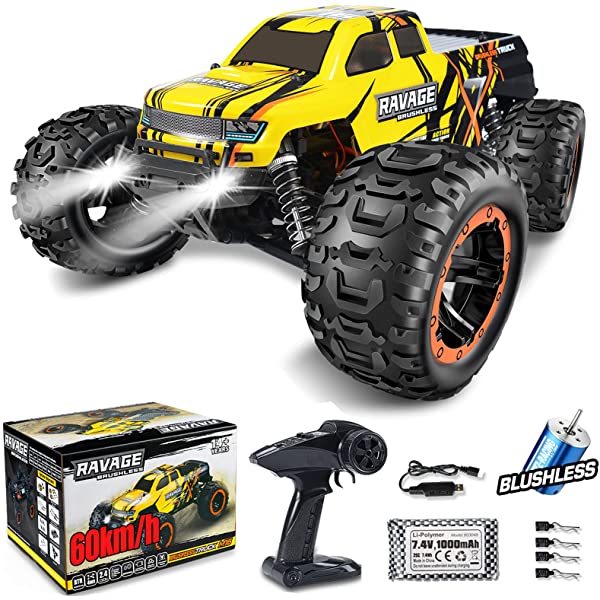 NUOKE Brushless RC Cars 1:16 Scale RTR 60km/h Remote Control Truck High Speed 4WD 2.4Ghz Waterproof Monster Truck with 2 Rechargeable Batteries Offroad Gift for Boys Car for Kids and Adults 1-yellow