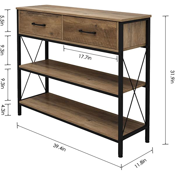 Console Table with Drawers, Rustic Hallway Table with Storage Shelves, Narrow Long Sofa Entryway Table for Living Room, Metal Frame, Dark Brown