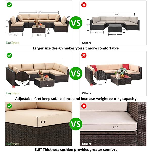 LayinSun 7 Piece Patio Furniture Sets, Outdoor Sectional Patio Conversation Set Wicker Rattan Sofa Chair Set with Cushion and Glass Table Beige