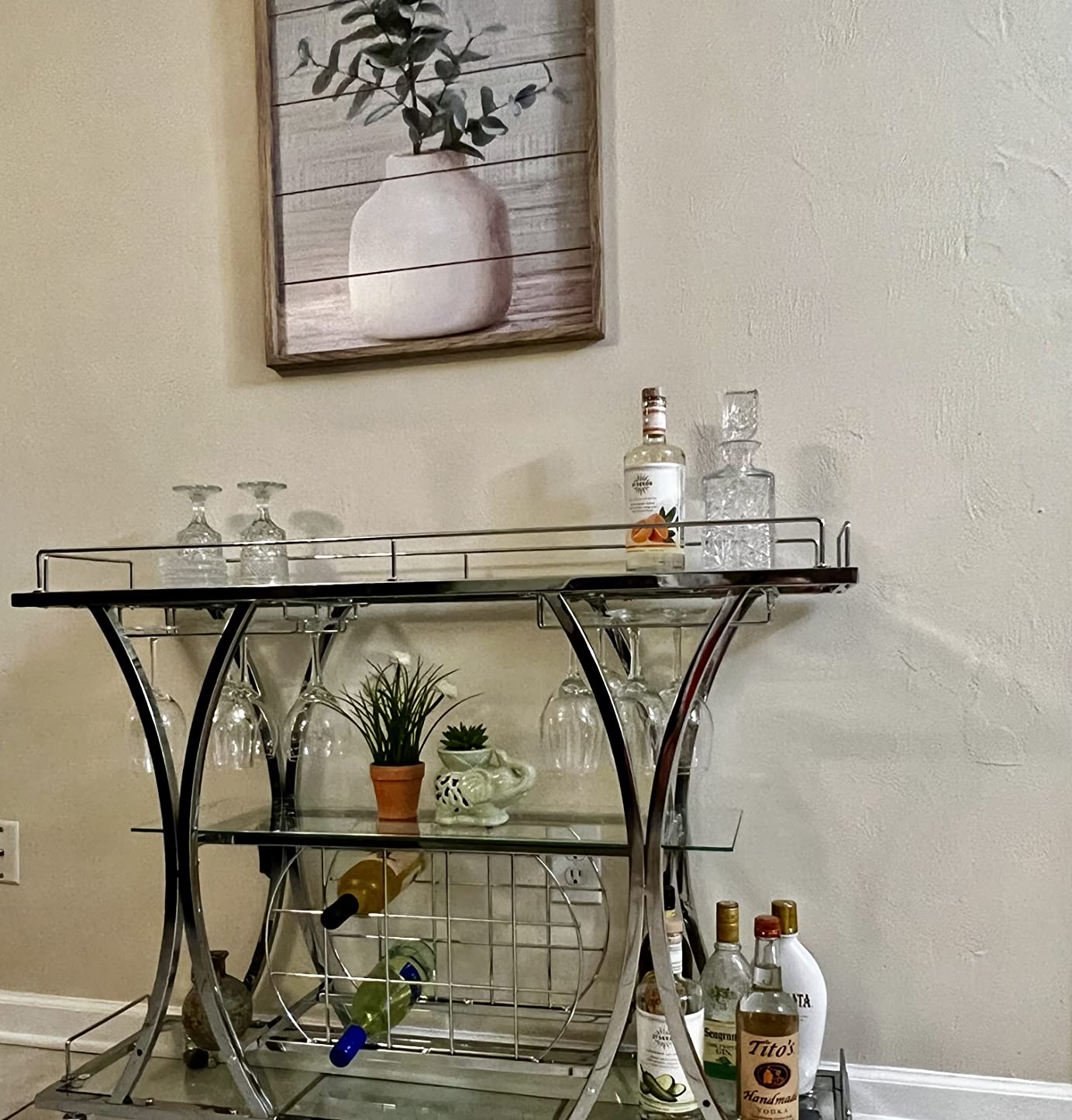 【Furniture】Bar Serving Cart with Glass Holder and Wine Rack, 3-Tier Kitchen Trolley, Mobile Wine Cart for Home