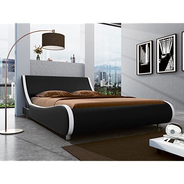 SHA CERLIN King Size Platform Bed, Faux Leather Low Profile Sleigh Bed Frame with Adjustable Headboard, Wood Slat Support, Black & White Black + White King