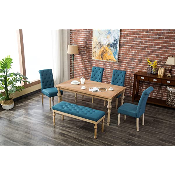 Roundhill Furniture Habitanian 6-Piece White Wash Dining Set with Tufted Chairs and Bench, Beige