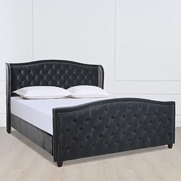 Jennifer Taylor Home Marcella Collection Queen Wingback Tufted Hand-Applied Nail Heads Upholstered Bed, Antique White Antique White Queen