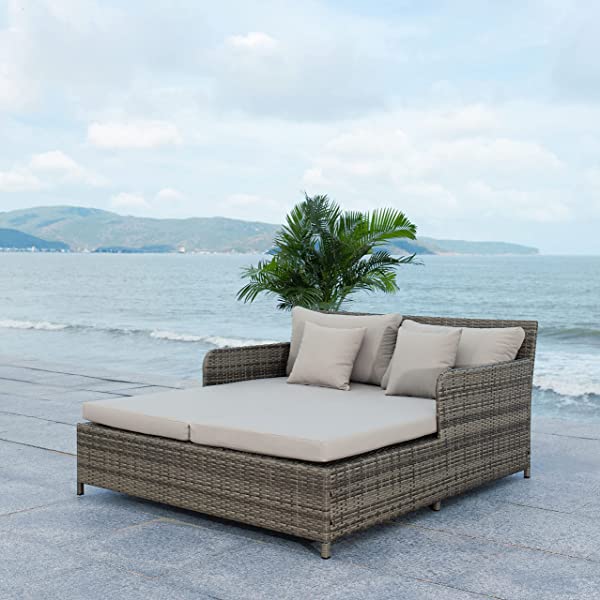 Safavieh Outdoor Collection Cadeo Brown Cushion Daybed PAT7500C, Grey/White