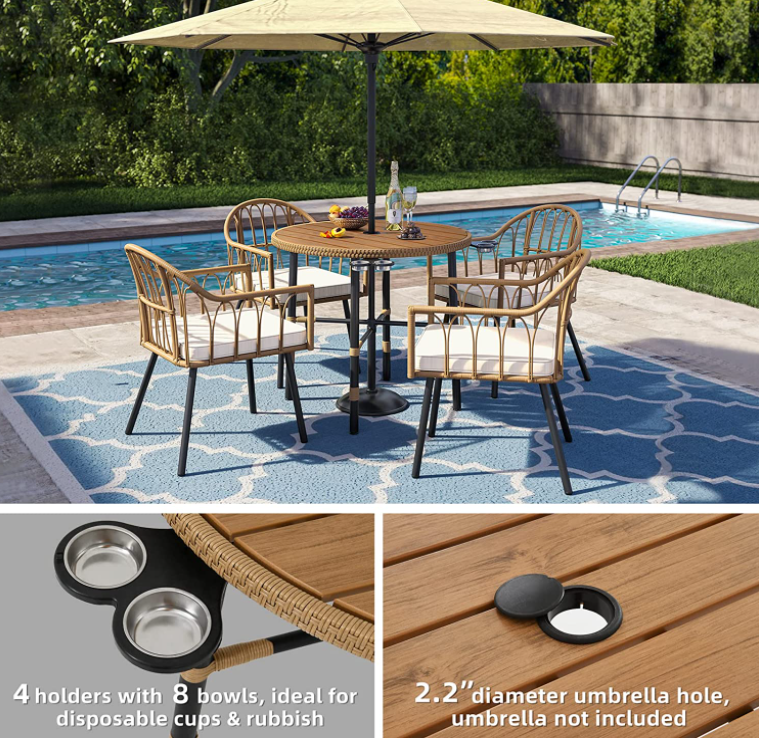 5 Piece Outdoor Patio Dining Table Set, All Weather Wicker Cutlery Set Furniture, Patio, Backyard, Balcony, Garden Sectional Conversation Rattan Cutlery Set (with Umbrella Holes