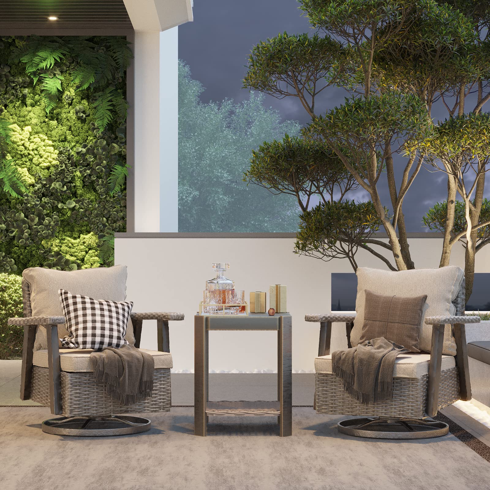 【Furniture】Outdoor Swivel Rocker Patio Chairs Sets of 2 and Matching Side Table - 3 Piece Wicker Patio Bistro Set