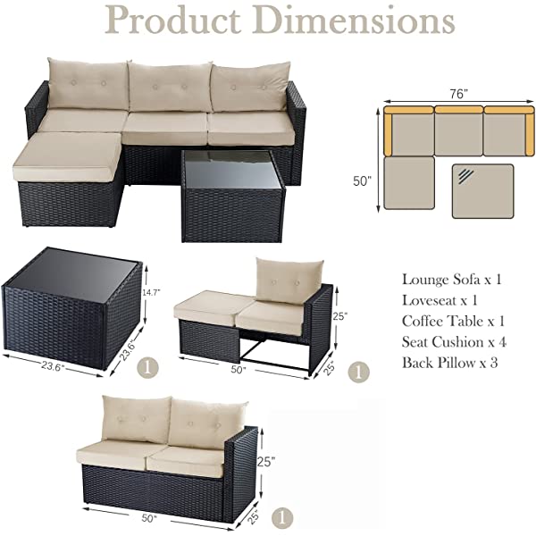 Allewie Dark Grey Patio Conversation Set, 3 Pieces PE Wicker Rattan Outdoor Furniture Set, Lounge Sofa and Loveseat with Cushions, Tempered Glass Coffee Table (Black & Dark Grey) Dark Grey & Black