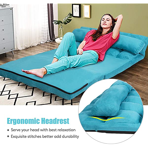 Giantex Adjustable Floor Sofa, Foldable Lazy Sofa Sleeper Bed 6-Position Adjustable, Suede Cloth Cover, Floor Gaming Sofa Couch with 2 Pillows for Bedroom/Living Room/Balcony (Blue)