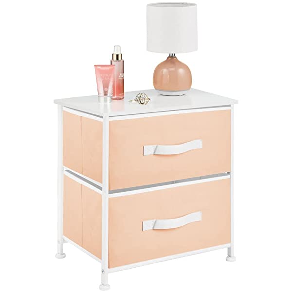 mDesign Storage Dresser End/Side Table Night Stand Furniture Unit - Small Standing Organizer for Bedroom, Office, Living Room, and Closet - 2 Drawer Removable Fabric Bins - Gray/White Grey