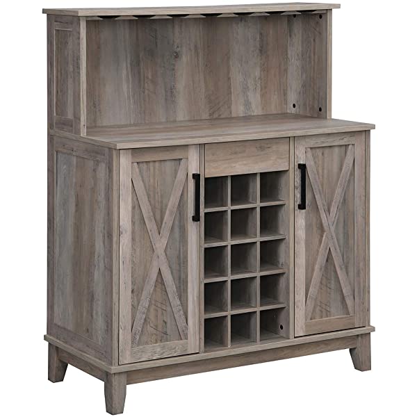 Bar Cabinet with Wine Rack and Glass Doors (Grey wash- Solid)