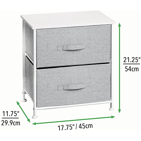 mDesign Storage Dresser End/Side Table Night Stand Furniture Unit - Small Standing Organizer for Bedroom, Office, Living Room, and Closet - 2 Drawer Removable Fabric Bins - Gray/White Grey