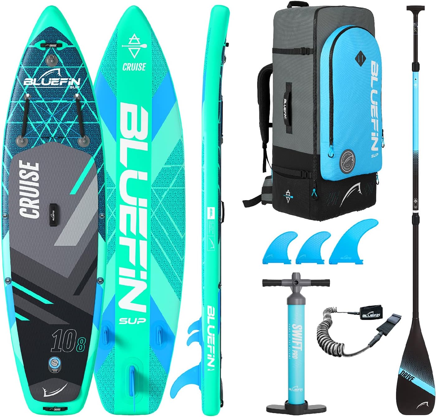 Bluefin Cruise SUP Inflatable Stand Up Paddle Board | Premium Paddleboard Accessories | Multiple sizes: Kids, 9'8, 10'4, 10’8, 12’, 15'