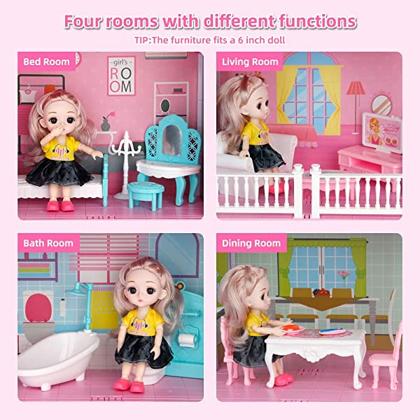 Doll House Kit,Dollhouse with Lights, Slide, Pets and Dolls, DIY Pretend Play Building Playset Toys with Asseccories and Furniture, Princess House for Toddlers, Kids Boy & Girl (11 Rooms)