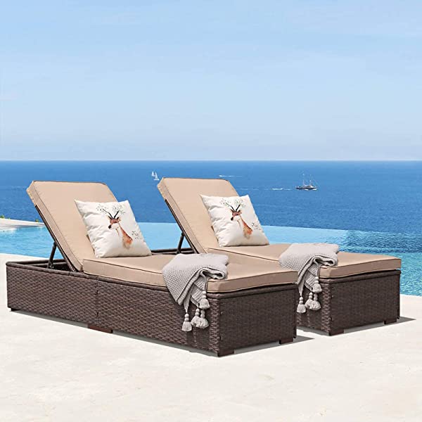 Patiorama Patio Chaise Lounge Chair, Sun Lounger, Outdoor Pool Beach Brown PE Rattan Wicker Reclining Chair W/Adjustable Backrest and Removable Cushion (Beige), Set of 2 2 Brown