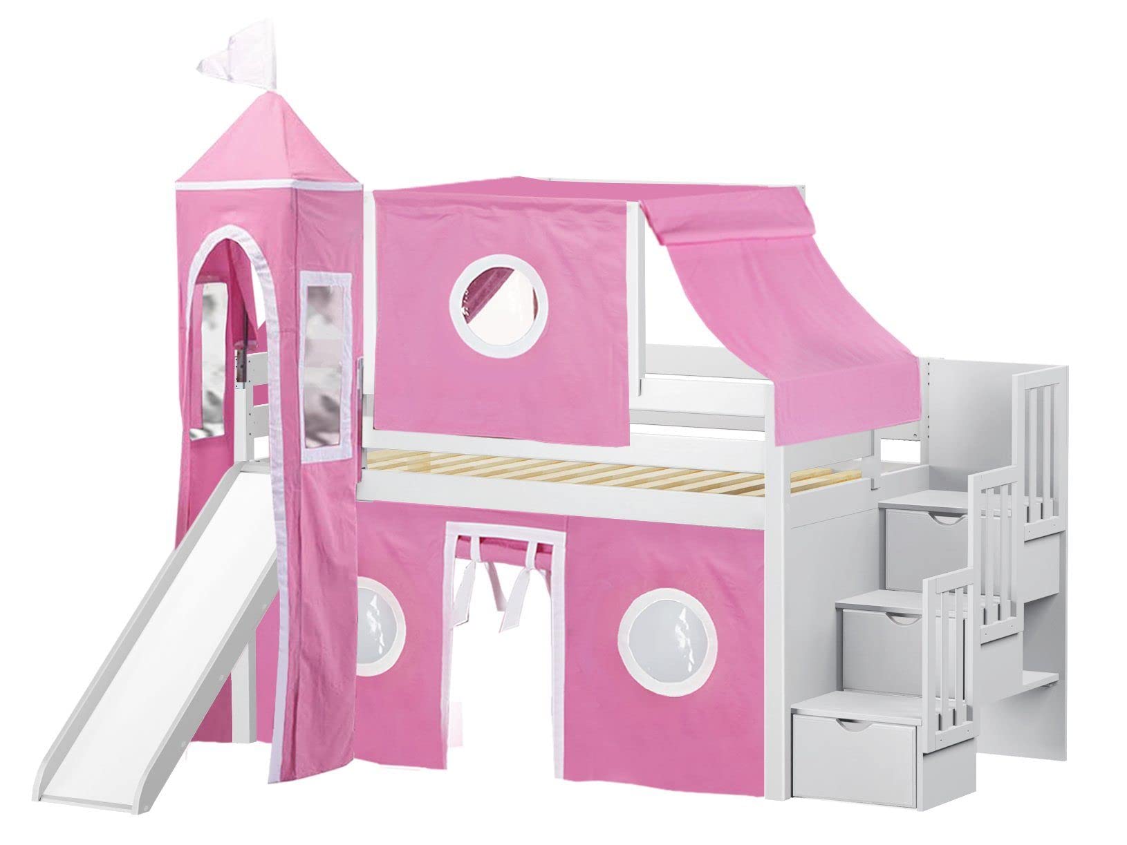 【Furniture】Princess Low Loft Stairway Bed with Slide Pink & White Tent & Tower, Loft Bed, Twin, White