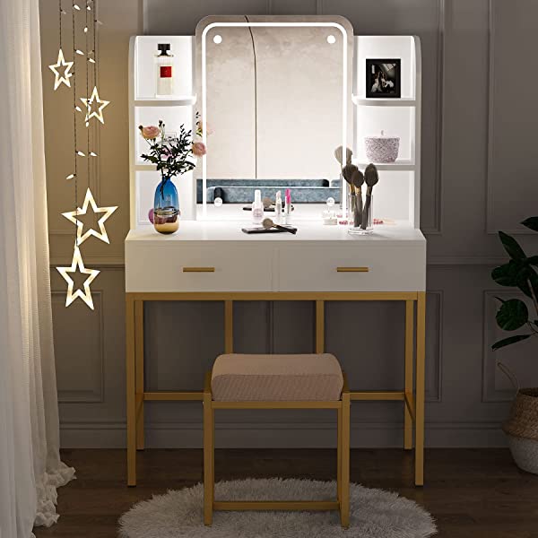 Vanity Set with LED Lighted Mirror and Cushioned Stool, Large Vanity Table Dressing Table Desk with Storage Shelves and 2 Drawers for Bedroom (Gold/w Lights)