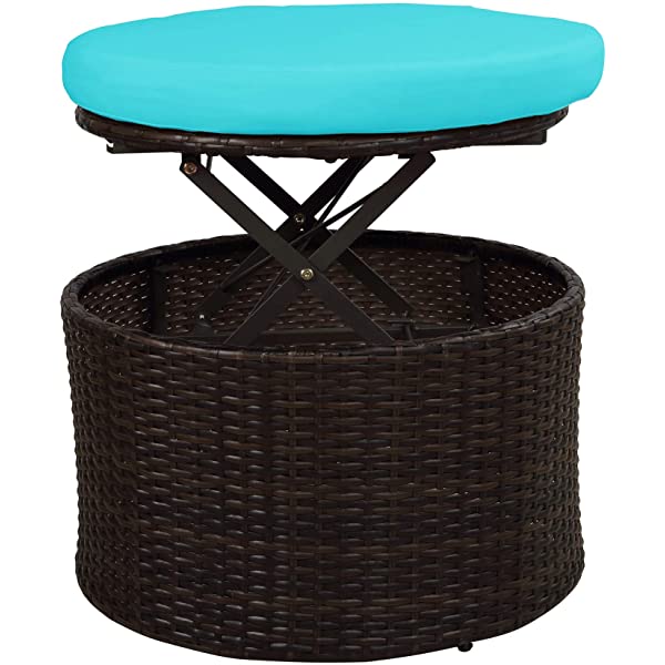 Merax All-Weather Outdoor Sectional Sofa Conversation Set Rattan Daybed Sunbed with Retractable Canopy, Separate Seating and Removable Blue Cushions Brown+blue